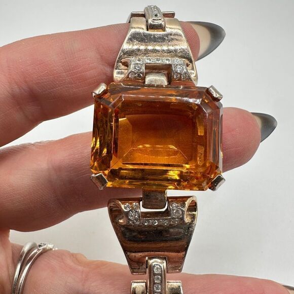 RARE Crown Trifari Sterling Bracelet, A. Philippe "Tank" Faux Citrine Bracelet! - Picture 11 of 16